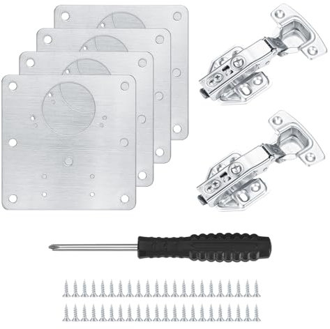 6 Pcs Kitchen Cabinet Hinge Repair Plate Kit: 4 Kitchen Cupboard Door Hinge Repair Plate Brackets with Holes & 2 Stainless Steel Cabinet Hinges & 32 Screws, for Wardrobe Cupboard Door Restoration