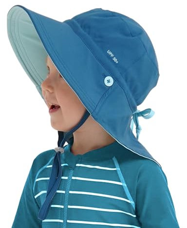 Creekstone Enfant Chapeau de Soleil Protection UPF 50+, Chapeau de Plage D'été Bain avec Rabat pour le Cou, Réversible Large Bord pour Filles et Garçons (FR/ES, Âge, 3 ans, 5 ans, Bleu Lac)