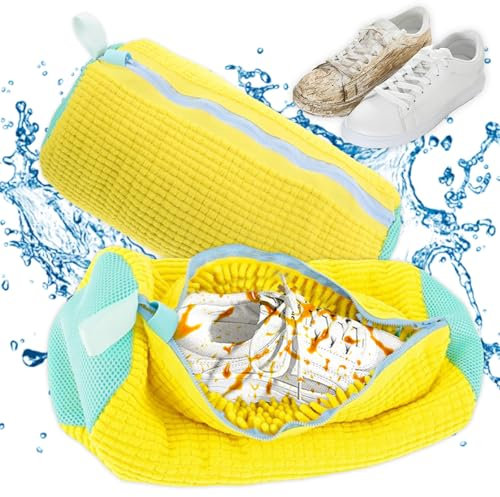 Zamety Waschbeutel Schuhe, Schuhbeutel Waschmaschine, Schuhe Waschbeutel 360° Reinigungsflaum, Wiederverwendbarer Schuhbeutel Waschmaschine, Shoe Washing Bag mit Reißverschluss, Gelb