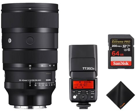 Sigma 28-45mm f1.8 DG DN Art Lens for Sony E-Mount | Full Frame, 5 SLD Elements, Rounded 11-Blade with Godox Flash TT350S Mini for Sony Cameras, 64GB Extreme PRO UHS-I Memory Card Advanced Bundle Set