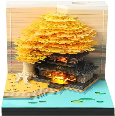Time Piece Kalender 2026 Tischkalender mit LED-Licht 3D Abreißpapier Schnitzerei Kunst Memo Pad Notizblock Geschenk für Weihnachten Einweihungsfeier Desktop Dekoration (mit Kalender & Licht)