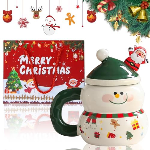 Fairypeach Taza de Café de Navidad, Taza de Café De Cerámica de Navidad, Taza Navidad con Tapa y Cuchara Papá Noel Muñeco de Nieve Árbol de Navidad, Decoración Regalos Navidad, Vajilla Navidad (XR)
