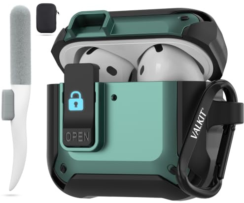 Valkit for AirPods 4 Hülle mit Reinigungsset, Grün | Militärische Schutzklasse, Vollschutz, Schlüsselanhänger, Reinigungsbürsten, Karabiner, Aufbewahrungstasche, Magnetverschluss