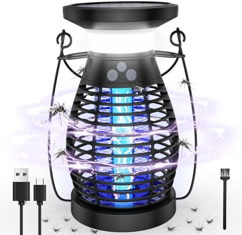 Lámpara Antimosquitos Eléctrico 4200V Solar Mata Mosquitos Electrico con luz LED Repelente de Mosquitos Recargable Mosquito Lámpara Trampa para Insectos Moscas Polillas para Interiores y Exteriores