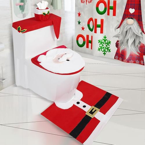 Weihnachten Badematten & Badteppiche Set 4 Teilig Schwarz Gold Mikrofaser Flauschige Marmor Muster Badezimmerteppich WC Vorleger mit Ausschnitt Waschbar rutschfeste Badvorleger Toilette Teppich (Rot)