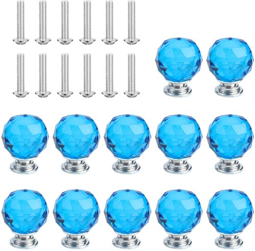 Roellgs 12PCS 30mm Round Clear Crystal Glass Cabinet Knobs, Cupboard Door Drawer Pull Handle with Screws for Home Kitchen Office Cabinet Drawer Decorating (Blue)