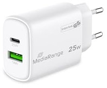 MediaRange 25W GaN Schnellladeadapter (EU-Stecker), 1x USB-C und 1x USB-A, unterstützt USB-C® Power Delivery und Quick Charge™, Weiß