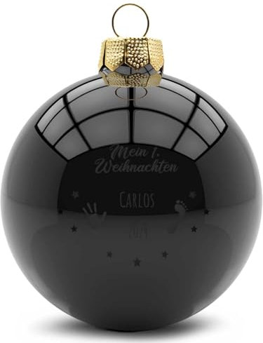 GRAVURZEILE Weihnachtskugel mit Gravur - Mein erstes Weihnachten - Personalisiert mit Namen & Jahr - Festliche Christbaumkugel für die Weihnachtsdeko - Farbe: Schwarz Glänzend - Größe: 8 cm