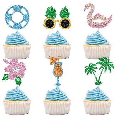 Gleevio Hawaii Tortendeko Geburtstag, 24 Stück Tropische Cupcake Topper, Glitzer Tortendeko Flamingo, Kokos Kuchen Deko zum Sommer Deko,Hawaiianische Muffin Deko für Aloha Luau Hawaii Party Deko