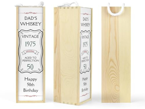 Personalised Wooden Bottle Presentation Gift Box with Whisky|Whiskey|Wine Vintage 1975 50th Birthday Design For Son|Dad|Daddy|Husband|Boyfriend|Men|Him|Grandad