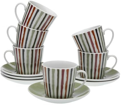 Versa Set de 6 tazas de té con plato Ligne, Medidas (Al x L x An) 10,5 x 8 x 6 cm, Color Granate