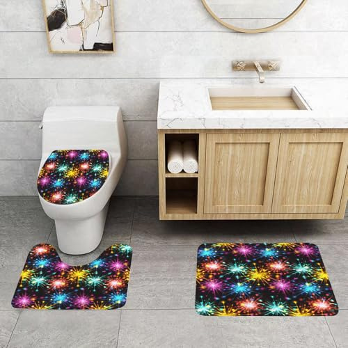 QRFASFZO 3 Stück Badematten und WC Vorleger Microfaser Weiches Badteppich badvorleger rutschfest Waschbar Badezimmerteppich Set,Nahtlose Textur mit festlichem Feuerwerk der Herzen. Vektormuster für