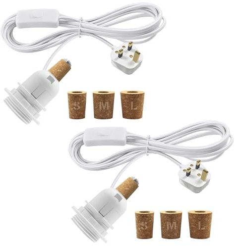 LQUNFYL 2 Packs Bottle Lamp Kit Do It Yourself, 240CM Cable, E27 Bottle Light Adaptor Kit, Bottle Light Fitting, Table Lamp Making Kits with 3 Sizes of Stoppers, Suitable for Various Bottles, White