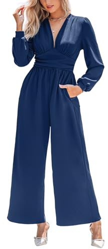 CUPSHE Womens Jumpsuit Plunging V Neck Long Puff Sleeve Overall Wide Leg Elegant Playsuit with Pockets