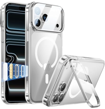 MAGIC JOHN Funda magnética para iPhone 17 Pro Max [protección completa de la cámara] [soporte plegable de 180°] [nunca amarillea] [botón de control de la cámara] altavoz a prueba de polvo, protección