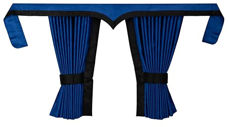 LKW Vorhänge passend für Volvo FH / FH4 / FH5 – 5-teiliges Gardinen-Set Blau-Schwarz mit Borde & Haken – Fahrerhaus Kabine Innenraum Deko