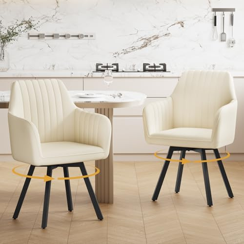Ckaff Esszimmerstühle Drehbar mit Armlehne 2er Set, 360°Drehbar Polsterstuhl Küchenstuhl aus Samt, Stühle Esszimmer Schminkstuhl mit Metallbeine und Rückenlehne für Esszimmer Schlafzimmer, Beige