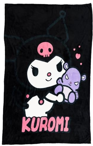 Aymax Hello Kitty & Kuromi Fleece Kuscheldecke – Kinder Decke 100x140 cm – Weiche Wohndecke aus Polyester – Schwarz mit Kuromi-Motiv