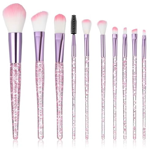 Lot de 10 pinceaux de maquillage professionnels pour fard à paupières, fard à joues, lèvres, fond de teint, sourcils, poudre libre et pinceau éventail avec manche à paillettes pour femme