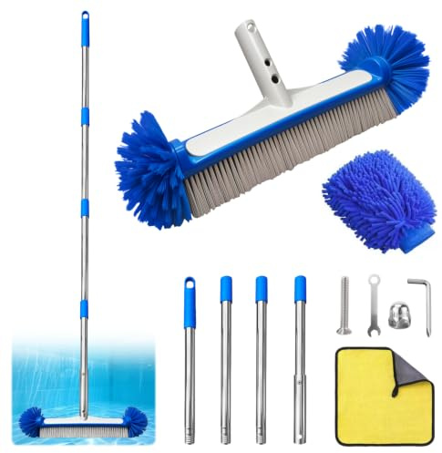 Brosse Piscine avec Manche de 160 cm, Kit Nettoyage Piscine de 43 cm, Balai Piscine avec Les Poils Hémisphériques pour Parois, Carrelage et Marches avec Chiffon et Gant en Microfibre