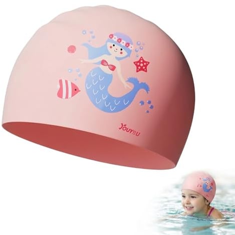 Cuffia Piscina Bambina in Silicone, Cuffia Nuoto Rosa con Motivo Sirena per Ragazze, Cuffia Neonato Piscina, Elastica e Impermeabile per Capelli Lunghi e Corti, Circonferenza 50-58cm