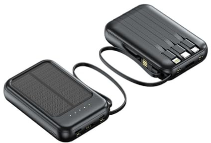 Batterie externe solaire 10 000 mAh, chargeur portable avec câbles intégrés, USB-C, micro USB et compatible Lightning, noir