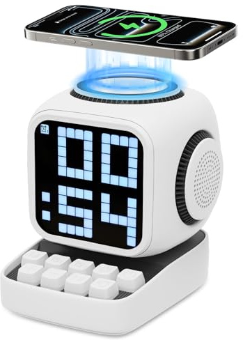 Multifunctional Pixel Art LED Tragbarer Bluetooth Lautsprecher mit Induktive Ladestation Kompatibel,Smart Digital Tischuhr,Wecker mit weißem Rauschen,für Schreibtisch,als Geschenk geeignet (Weiß)