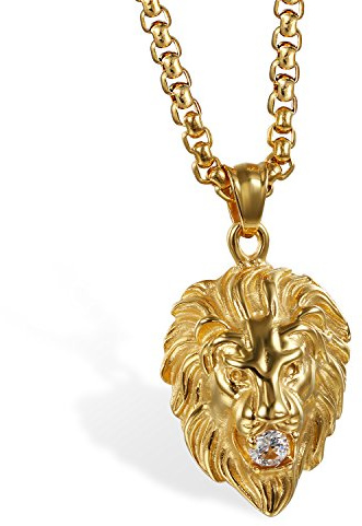 JewelryWe Collier Pendentif Homme Tête de Lion Pierre de Zircon Chaîne 56cm Acier Inoxydable Fantaisie Couleur Noir Argent avec Sac Cadeau