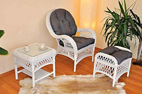 Rattan Ohrensessel, Rattansessel, Relaxsessel, Hochlehner mit Hocker und Beistelltisch Korbfarbe : weiß Lackiert
