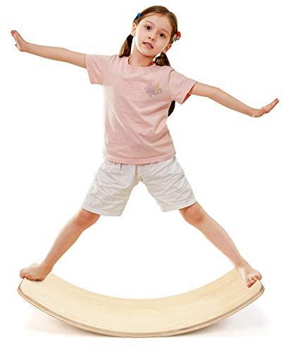 COSTWAY 90 x 30cm Balance Board, Balancierbrett aus Holz, Wackelbrett bis 220kg belastbar, Kurviges Board für Kinder und Erwachsene