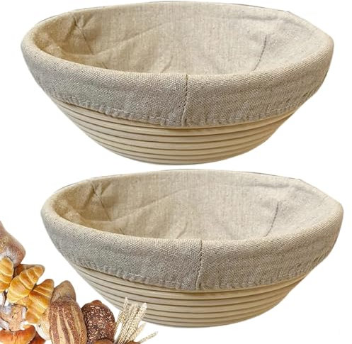 Gärkörbchen für Brot, rund, 22,9 cm, 2 Stück – BrotbackSet mit Teigschaber und LeinenAuskleidung – SauerteigKörbe für handwerkliches Brot – Brot Herstellung Werkzeuge für Profis und Heimbäcker