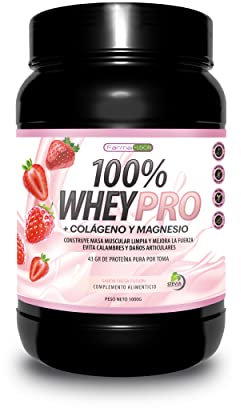 100% Whey Protein con Colágeno y Magnesio | 43 gramos de Proteína Pura por toma 0% Azúcares | Aumenta el crecimiento muscular y tonifica los músculos | 1000g (Fresa)