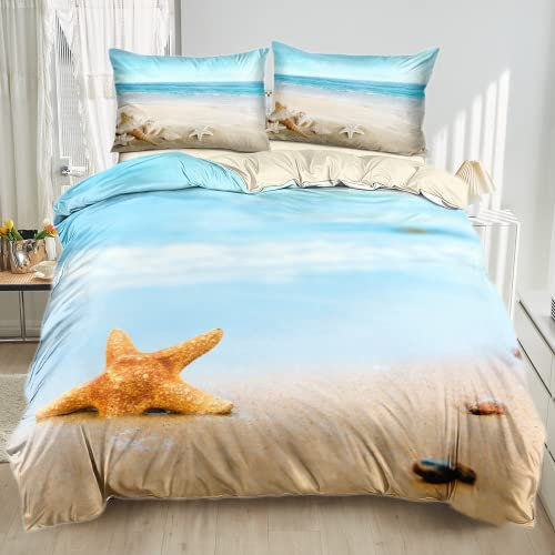 Damier Bettwäsche Meer Strand 200x220cm Bettwäsche-Set 3 teilig Weiche Mikrofaser 3D-Digitaldruck Bettbezug mit Reißverschluss und 1 Kissenbezüge 80 x 80 cm