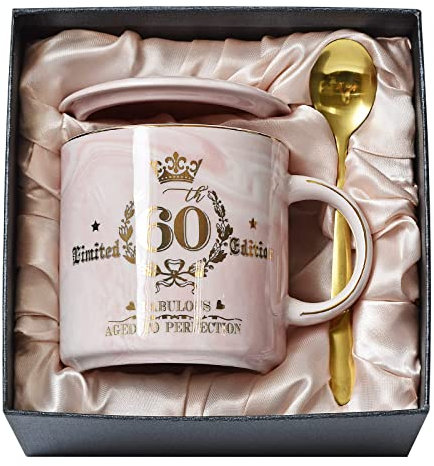 60th Birthday Gifts for Women - Fabulous 60 Limited Edition Birthday Marble Mug Printed with Gold - 14oz Pink - Turning 60 Years Old Happy Bday Present for Her Friend Women Mum, Lid, Card, Gift Boxed