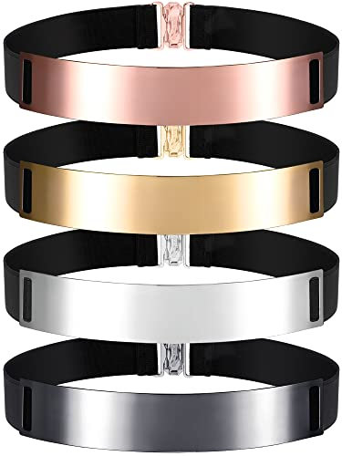 4 Stück Damen Spiegel Taillengürtel Metall Stretch Kleid Gürtel plattiert Obi Band elastische Gürtel für Frauen Mädchen Metallic Spiegel Taillengürtel 4 Farben, Schwarz, Gold, Roségold, Einheitsgröße