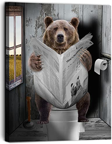 Vantboo Brauner Bär Lesezeitung in Toilette Leinwanddrucke Wandkunst Gemälde Heimdekoration Kunstwerke Bilder für Wohnzimmer Schlafzimmer Badezimmer Dekoration fertig zum Aufhängen 40,6 x 50,8 cm