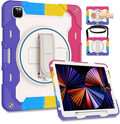 ROSROME for iPad Pro 12.9 Case 6th/5th/4th/3rd Generation, Pink | with Screen Protector for Kids,Heavy Duty Shockproof Cover for iPad Pro Case 12.9 Inch,360 Kickstand Hand Strap Pencil Holder