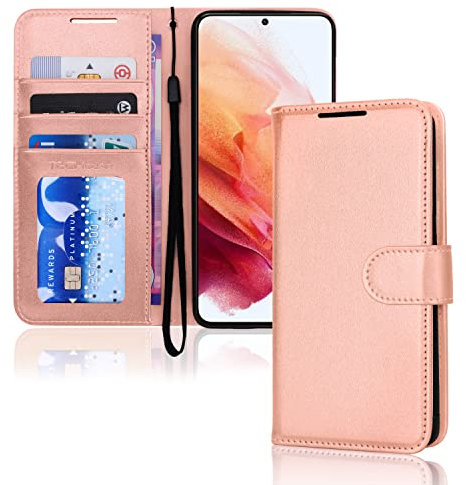 TECHGEAR Galaxy S23 Leather Wallet Case, Flip Protective Case Cover with Wallet Card Holder, Stand and Wrist Strap - Rose Gold PU Leather with Magnetic Closure Designed For Samsung Galaxy S23 / S23 5G