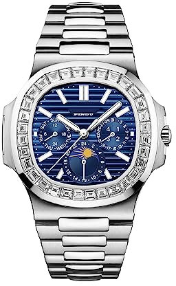 PINDU Automatische Uhren für Herren, Quadratische Diamantuhr Edelstahlband Skelett Selbstaufziehende mechanische Uhr Armbanduhr Geschenk für Männer, Sechs Zeiger Dunkelblau