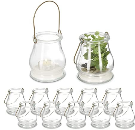 Relaxdays Lot de 12 photophores à Suspendre, Verre, Anse, pour intérieur & extérieur, HxD 10x8,5 cm, Transparent/doré