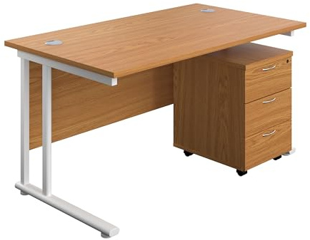 Office Hippo Heavy Duty Rectangular Cantilever Office Desk, Home Office Desk With 3 Drawer Lockable Mobile Pedestal Cabinet, File Cabinet, 5 Yr Wty, White Frame, Grey Oak, 140 x 80 cm