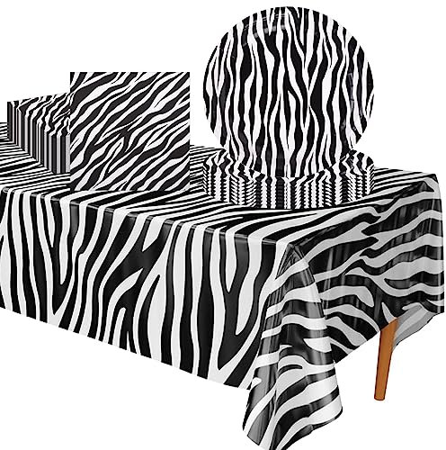 POPOYU 37Pcs Jungle Safari Animal Print Tableware Set,Zebra Print Paper Plates 9 Inch,Napkins,Table Cloth,Zebra Print Party Decorations for Jungle Safari Animal Wild One Birthday Hen Party Supplies