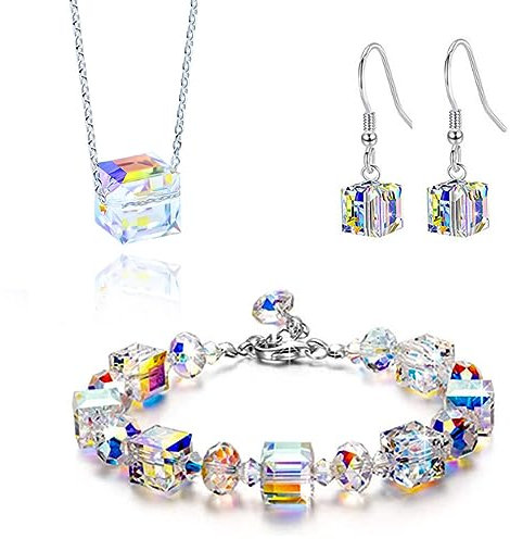 JOCXZI Strass Set, Crystal Schmuck set, Strass Ohrring Halskette Armband Set,Frauen Cube österreichischen Kristall, Party Geschenke Geschenk(3 Stück)