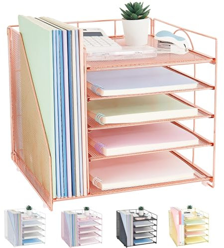 LEKETREE Schreibtisch-Organizer und Zubehör, 5-stöckige Papier-Briefablage mit Aktenhalter, Schreibtisch-Organizer für Bürobedarf, Büro-Schreibtischzubehör und Arbeitsplatz (Roségold)
