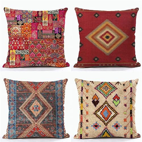 4er Set Bunt Kissenbezug 45x45 cm mit Boho Muster Design, soft Beidseitig Kissenbezüge Quadratische Kissenhülle für Wohnräume Büros Sitzgelegenheiten, Betten und Stühle Dekokissen Mit Reißverschluss