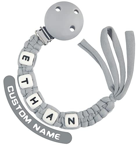 Kowlone Schnullerkette Baumwolle mit Namen Jungen mädchen Personalisiert Geflochten Schnullerketten Clips für Baby Neugeboren(Hellgrau)