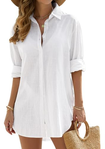 Vancavoo Women's Beach Cover Up Shirts Bikini Coverups Swimsuit Beach Dress Cotton Button Down Casual Long Sleeve Beachwear Loose Cardigan Blouse Tops Swimwear(White,L)