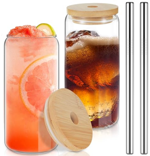 2Pcs Glass Cups with Bamboo Lids and Glass Straws,700ML Large Capacity Beverage Cup with Bamboo Wood Lids and Stainless Steel Straws Multifunctional Beer Glass Tumbler with Handle for Soda Coffee Tea