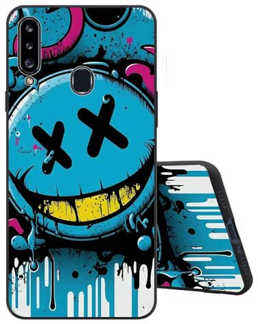 Sinyunron Handyhülle Kompatibel mit Samsung Galaxy A20S Hülle Silikon Matte Schwarz Rückseite mit Muster,Weiche Stoßfest Kratzfest Schlanke TPU Softschale Schutzhülle,Blaues Emoji