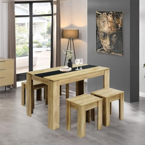 FURNITABLE Esszimmer Tisch- und 4 Hocker Set 5-teilig Essgruppe Esszimmergruppe Sitzgruppe Küchentisch mit 4 Stühlen platzsparend Eiche+Schwarz 120x70cm